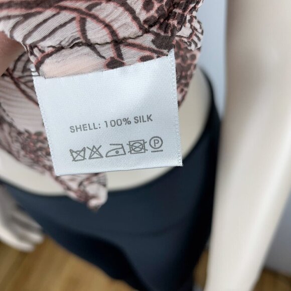 REISS Burgundy & Pink 100% Silk Japanese Floral Spring Flounce Blouse 12/ XS-S - Picture 8 of 8